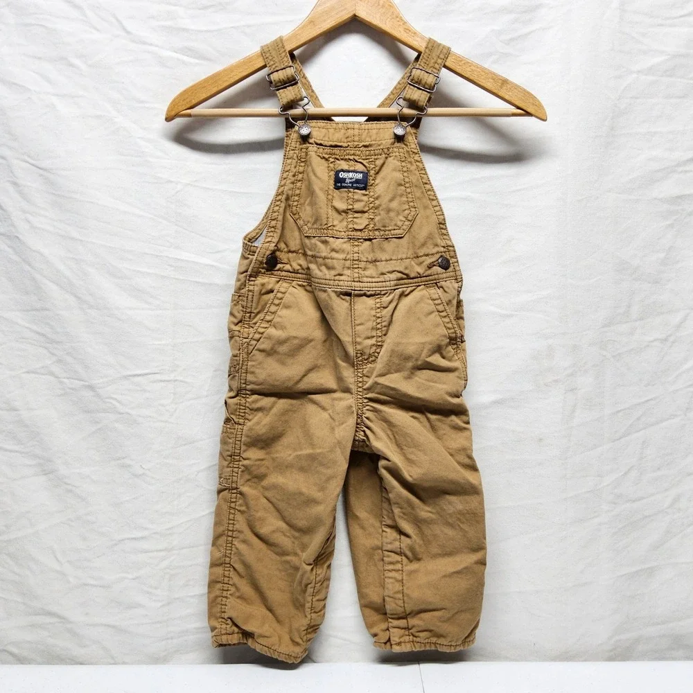 OshKosh B'gosh Overalls Boys 24M Tan Lined Canvas Carpenter Bibs
